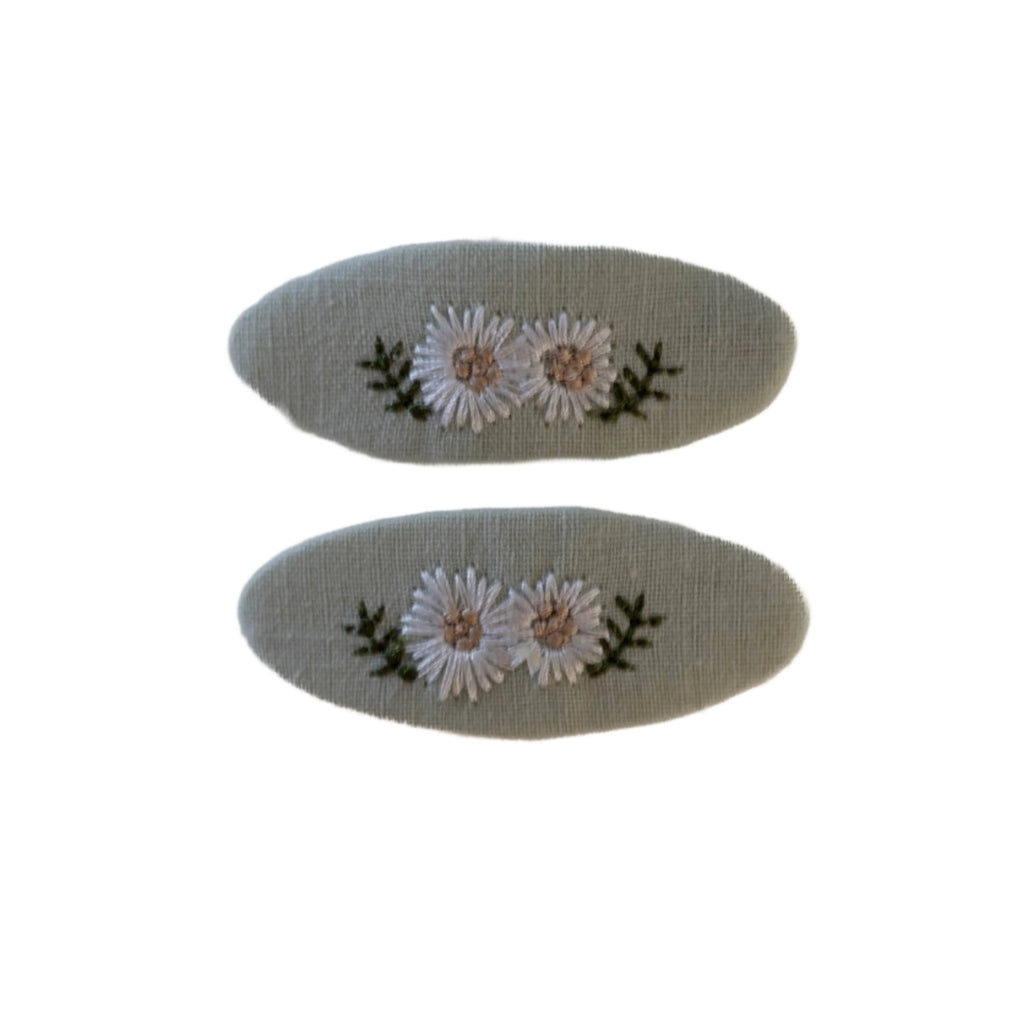Fabric Oval Snap Clips - Soft Green Embroidered