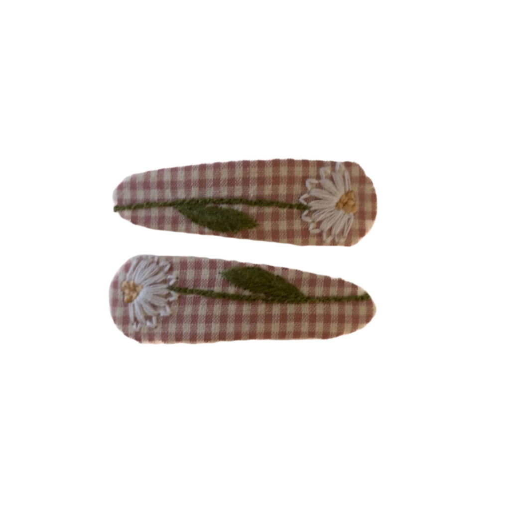 Fabric Triangle Snap Clips - Pink Plaid Embroidered Flower