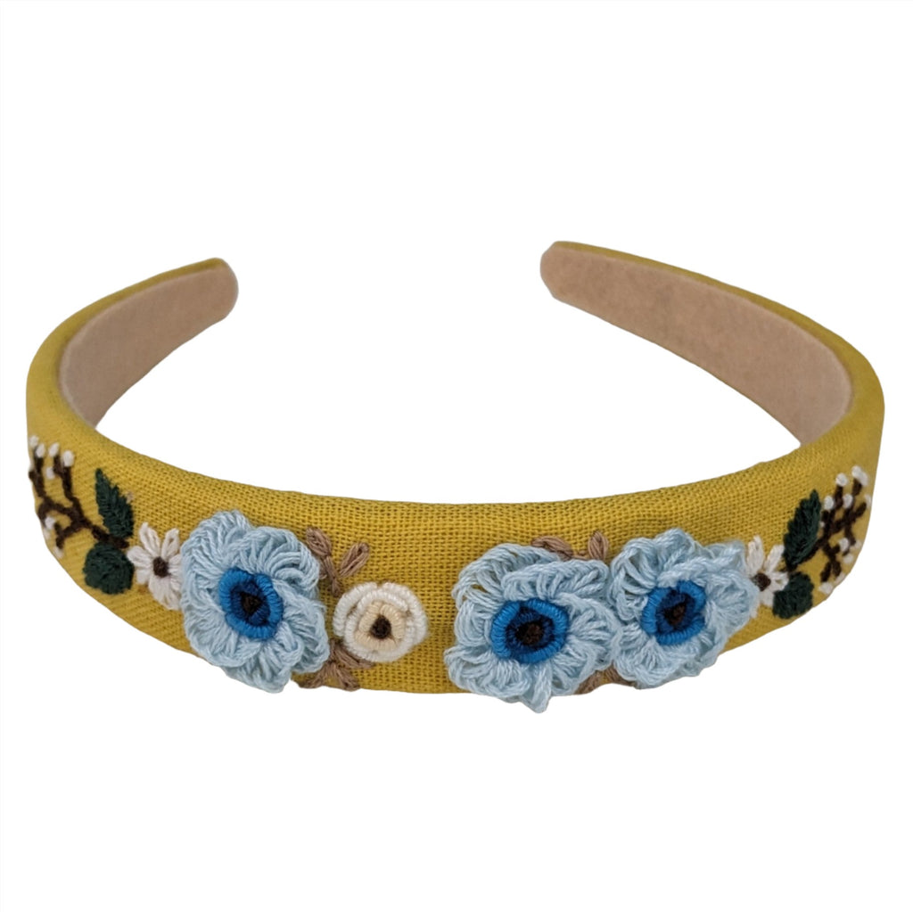 Embroidered Headband Yellow with Blue Roses