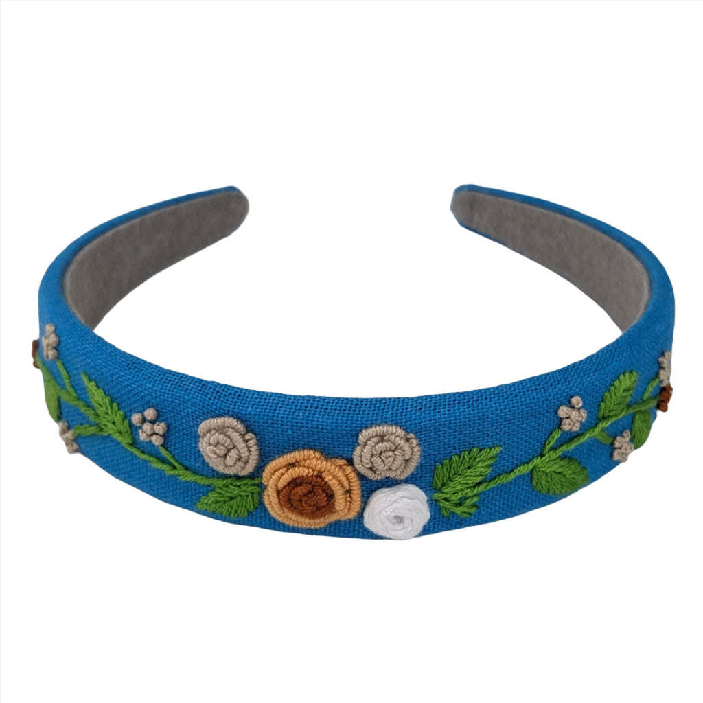 Embroidered Headband Bright Blue with Multi Flowers
