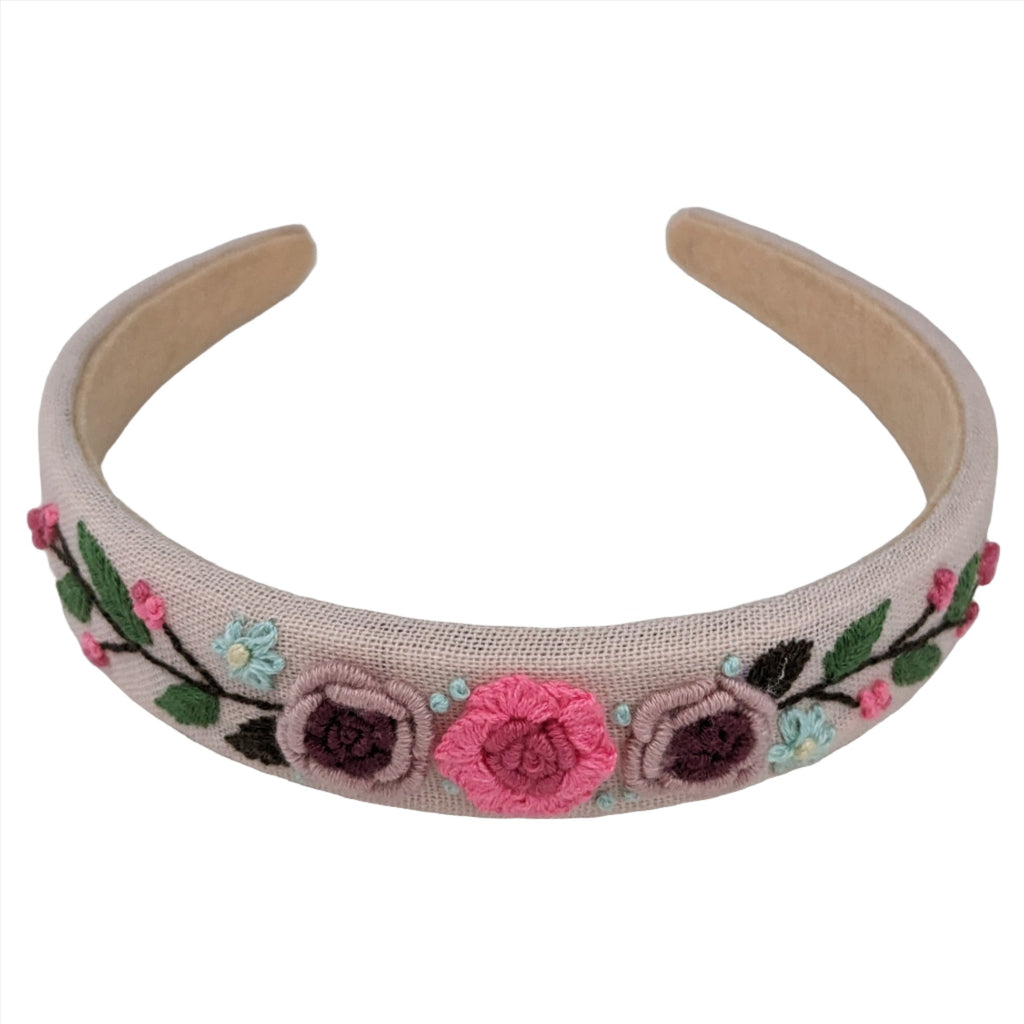 Embroidered Headband Mauve with Pink