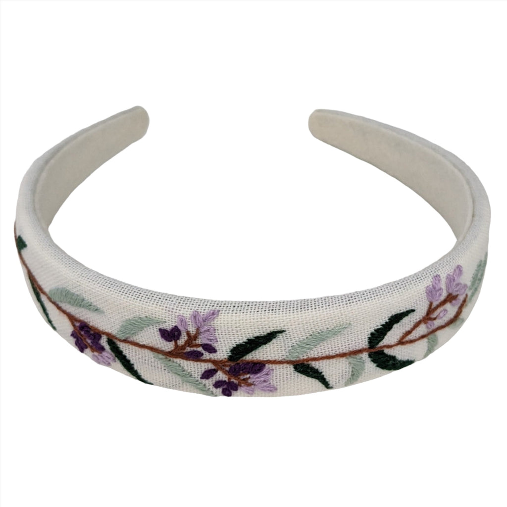 Embroidered Headband White with Purple Flowers