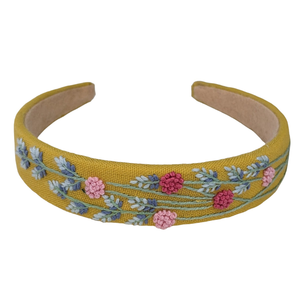 Embroidered Headband Yellow with PinkFlowers