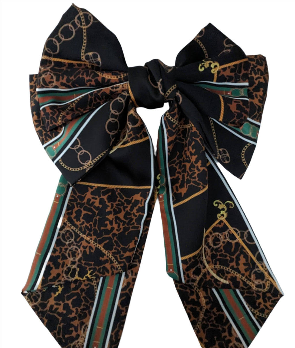 Satin Chain Belt Print Hair Bow Barrette Black