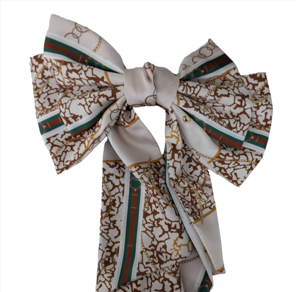 Satin Chain Belt Print Hair Bow Barrette Cream