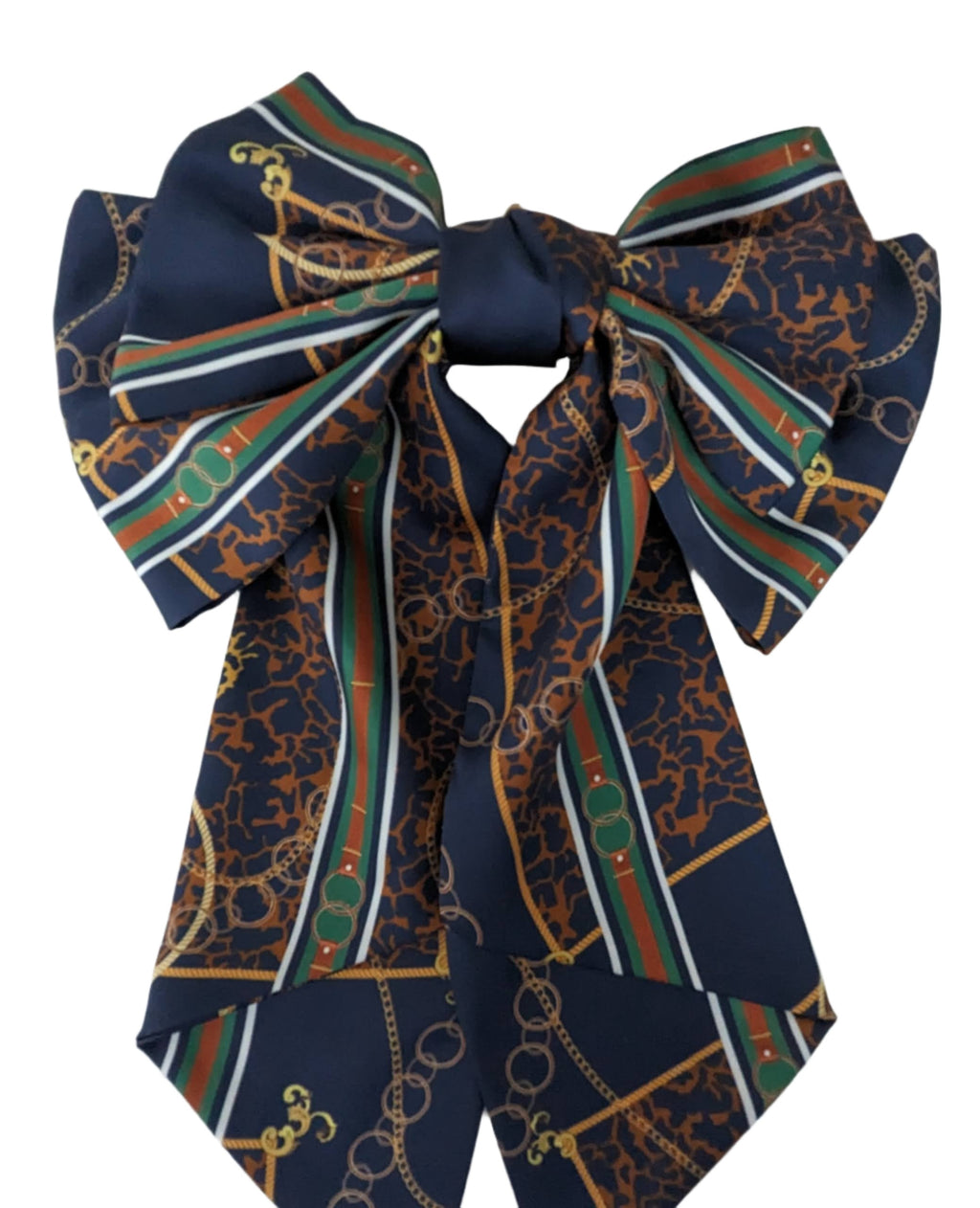 Satin Chain Belt Print Hair Bow Barrette Navy