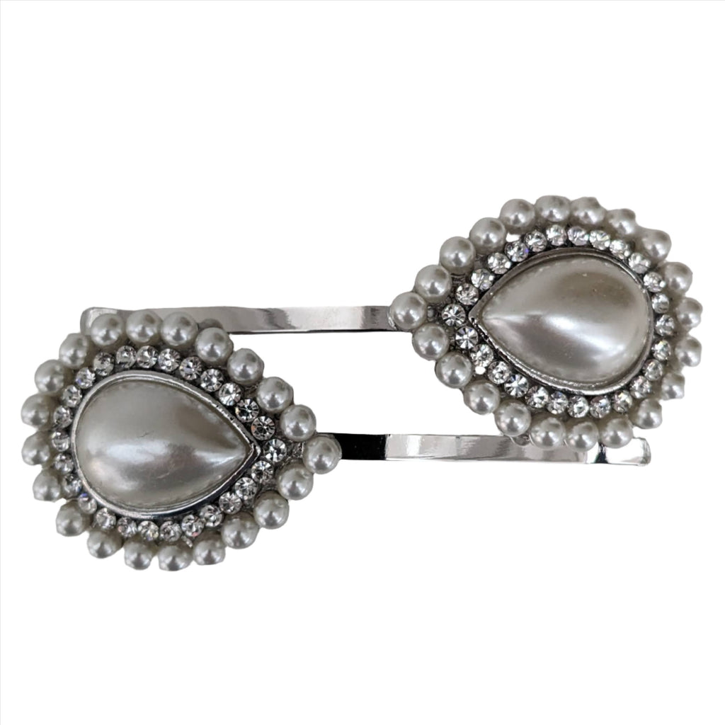 Waterdrop Pearl Rhinestone Clips Silver