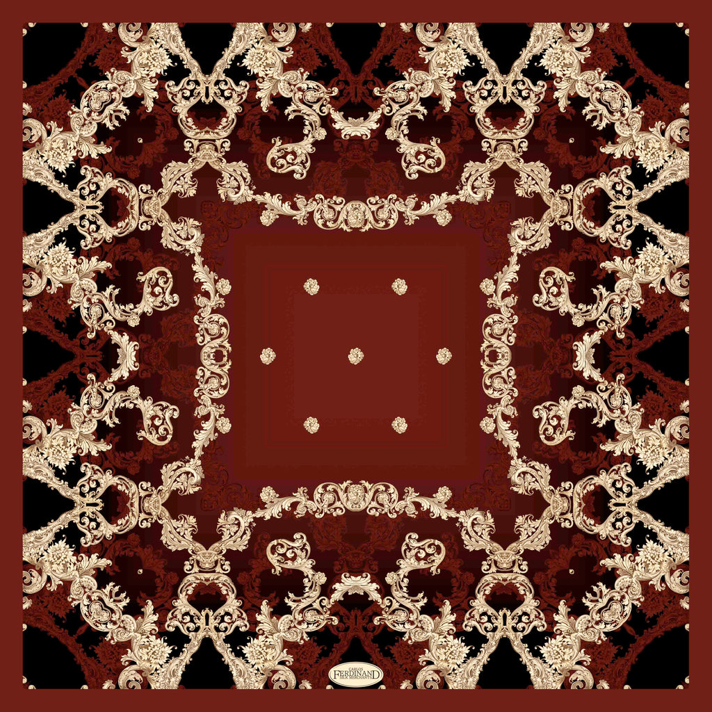 Carlos Ferdinand Burgundy/black/gold scrolls CF128-1 90cm