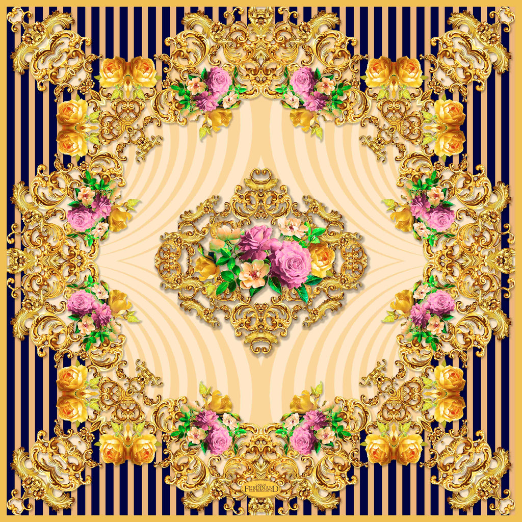 Carlos Ferdinand Navy/gold stripes with pink roses CF167-2 90cm