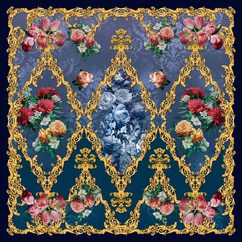 Carlos Ferdinand Pink flowers on navy with gold CF172 90cm