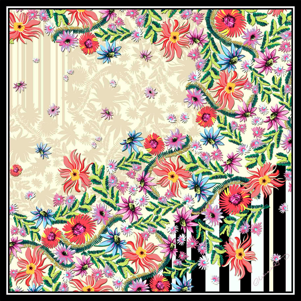 Clelia & Romy Black/cream stripes/pink/red flowers CR526-1 90cm