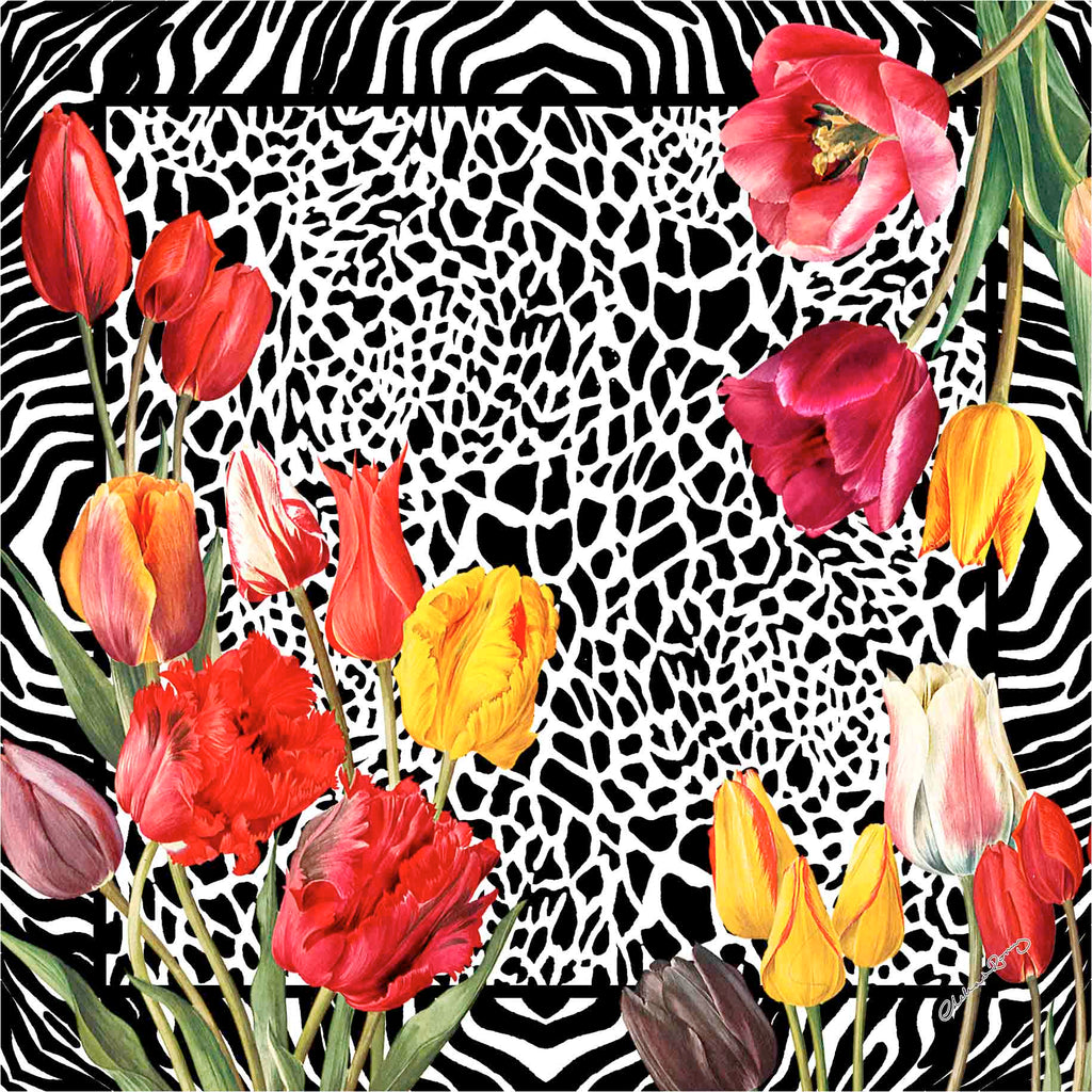 Clelia & Romy Bright tulips with black/white zebra border - CR560-1 90cm