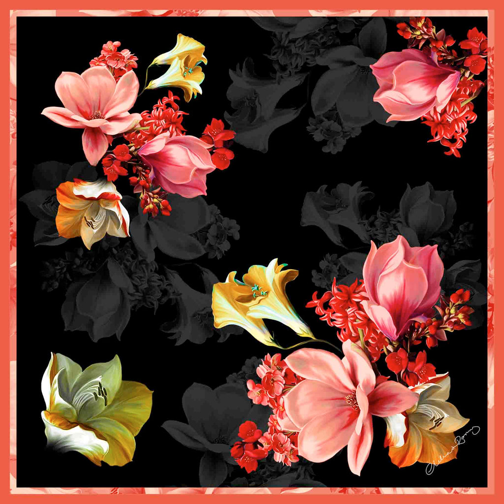Clelia & Romy Orange flowers on black CR573-2 90cm