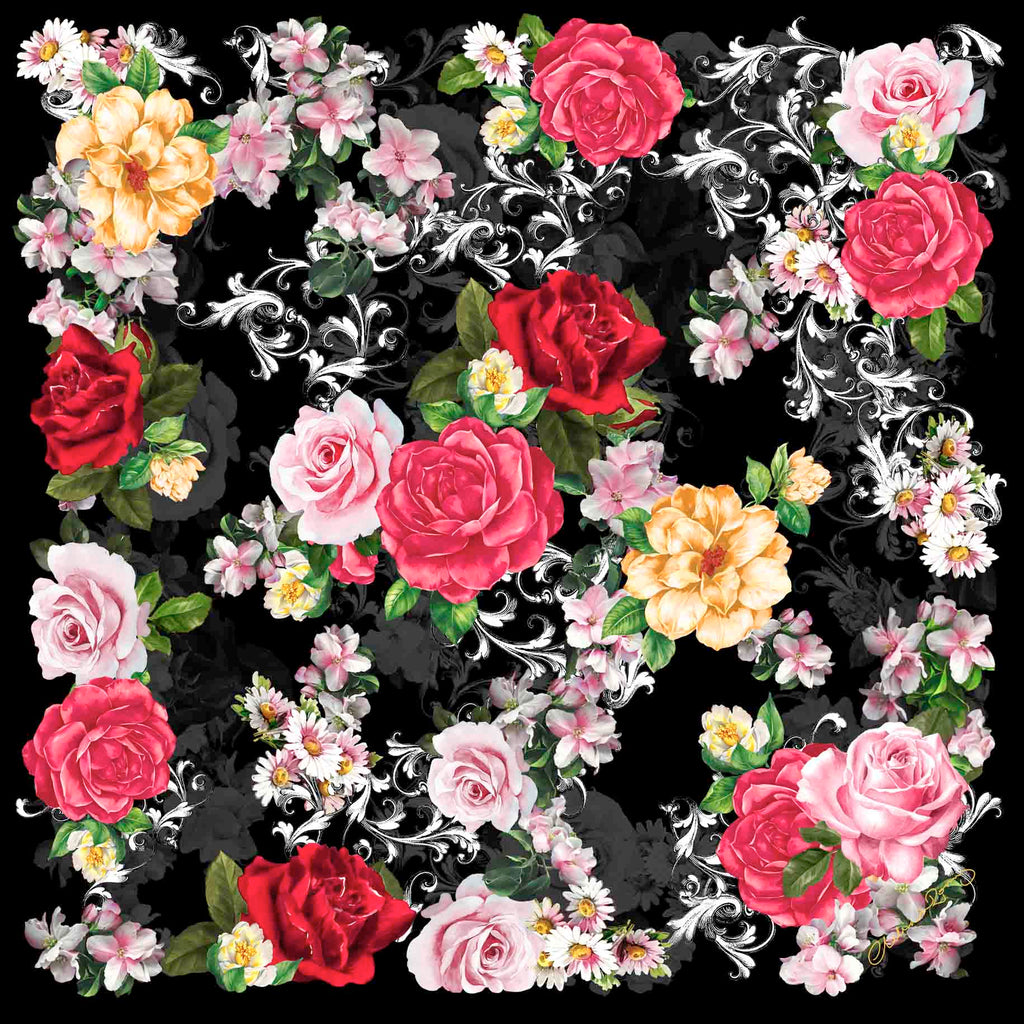 Clelia & Romy Pink/red flowers on black CR576-1 90cm