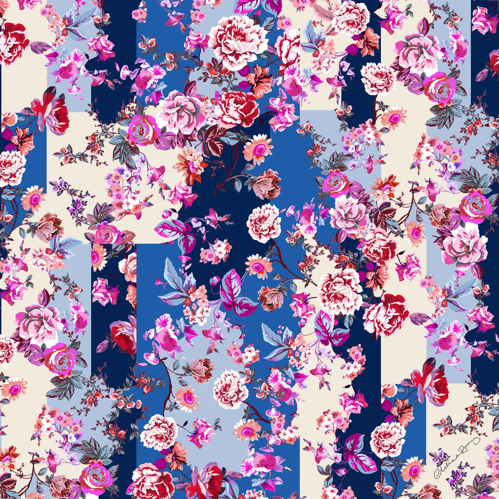 Clelia & Romy Small pink flowers on blue/cream stripes CR582-2 90cm