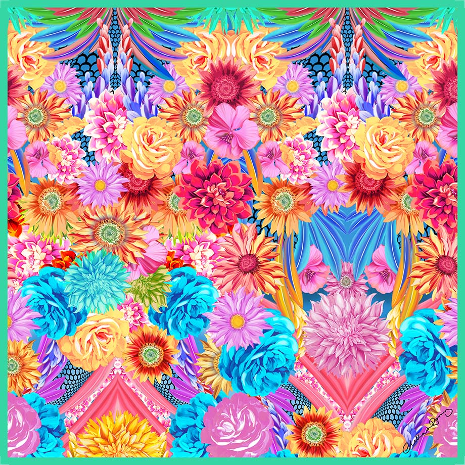 Clelia & Romy Pink/blue flowers/green border CR586-1 90cm