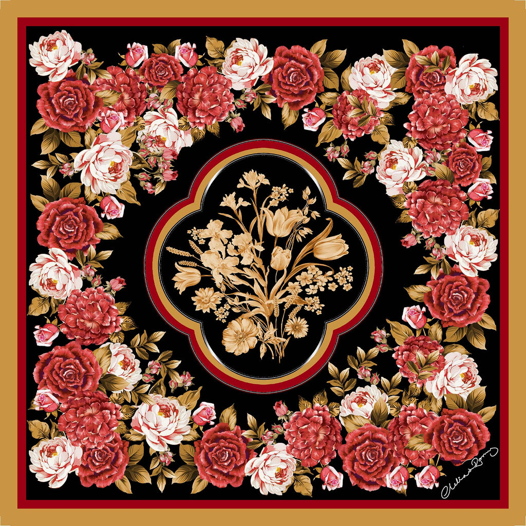 Clelia & Romy Red flowers on black/gold border CR604-2 90cm