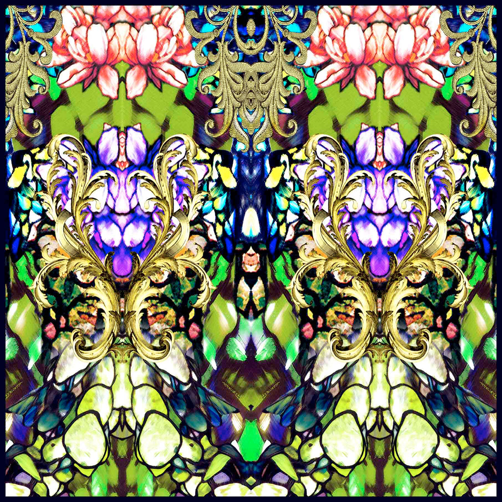 Clelia & Romy Bright green scrolls/flowers on black CR609 70cm