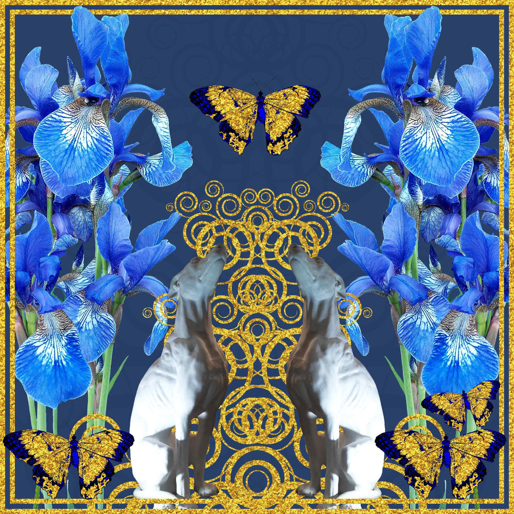 Aqua fleur-de-lis/gold butterflies on blue GT97-3 90cm
