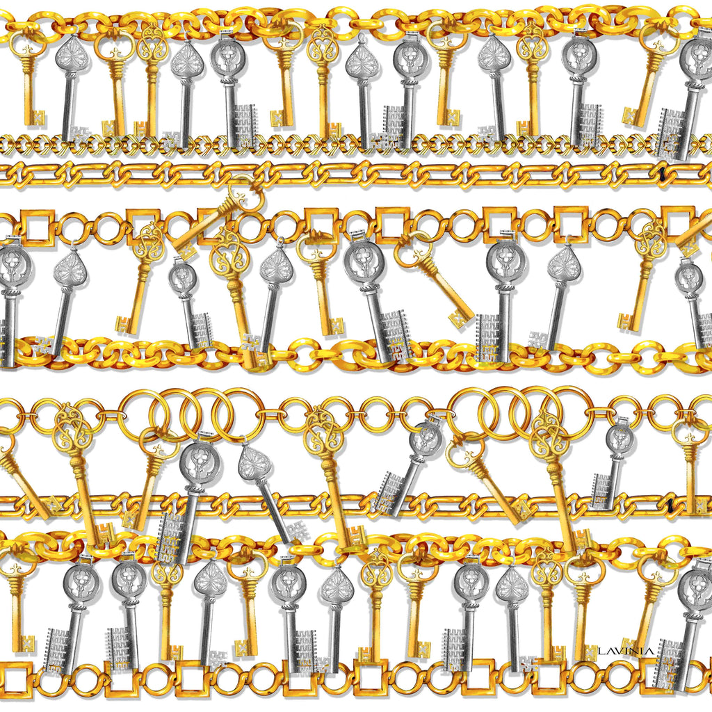 Lavinia Gold/grey keys/chains on cream LA522-1 90cm