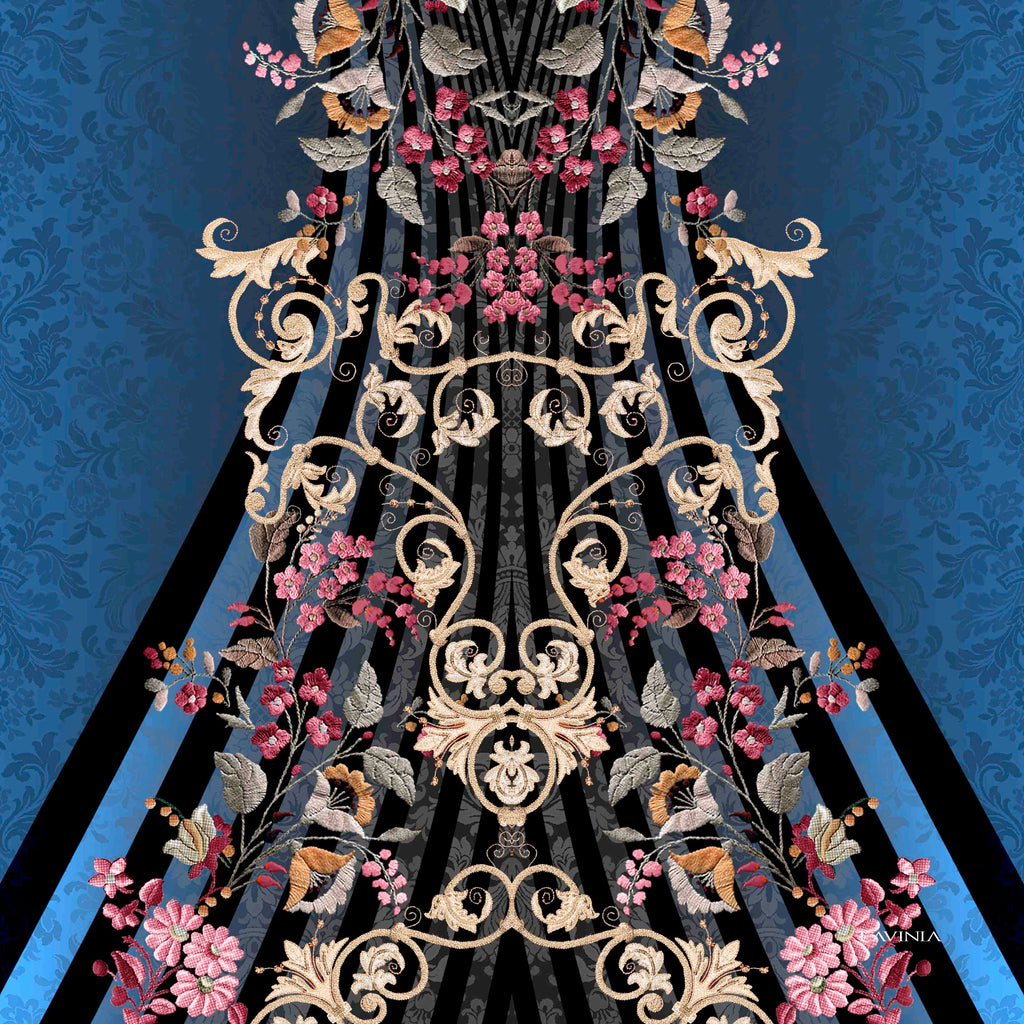 Lavinia Black/blue stripes/pink flowers/blue brocade LA525-2 90cm