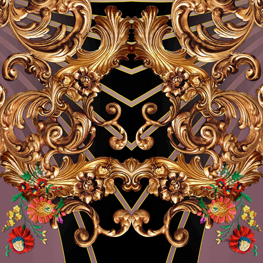 Lavinia Gold scrolls/black/mauve LA531-1 90cm