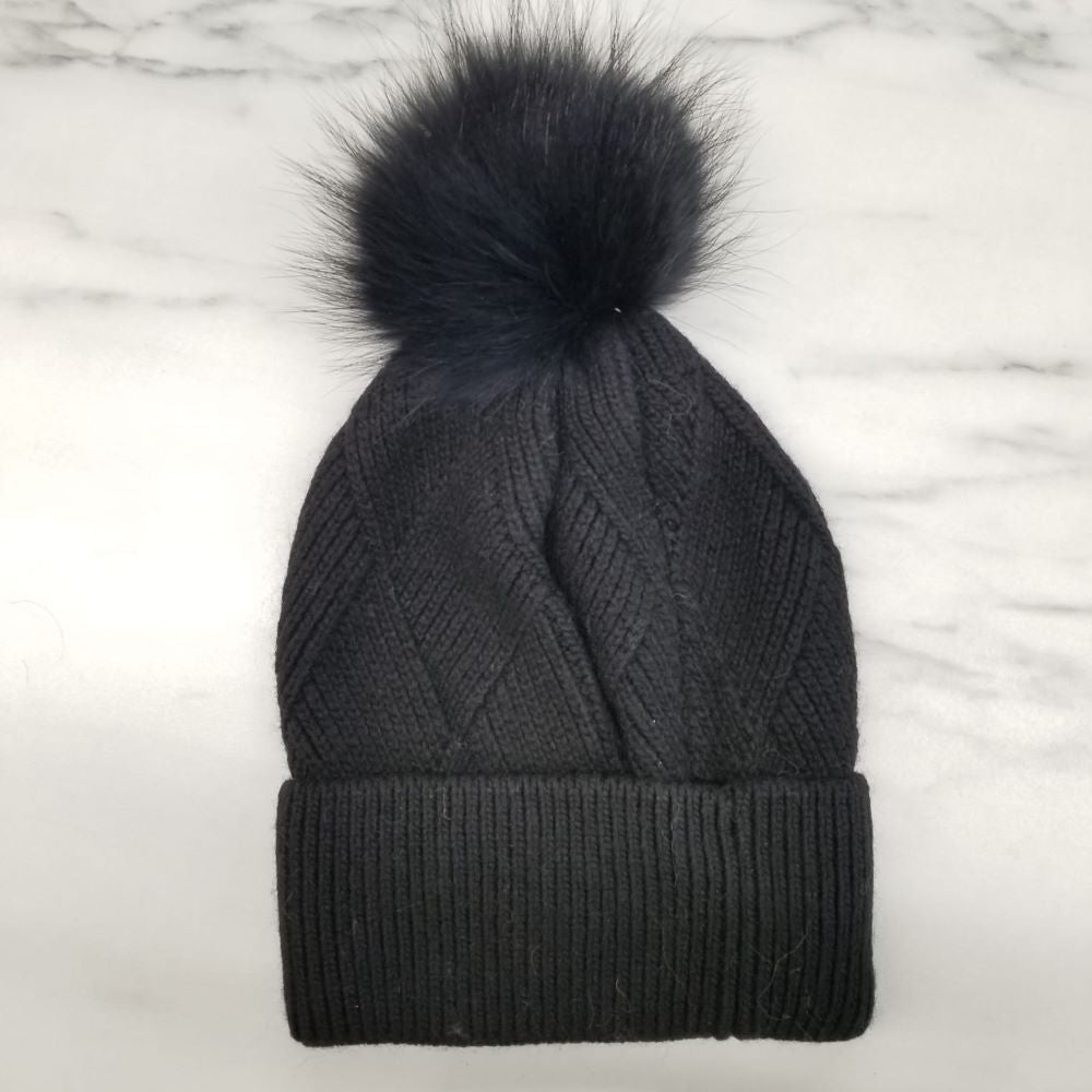 Rib Knit Fox Fur Pom Pom Hat Black/Black HA401