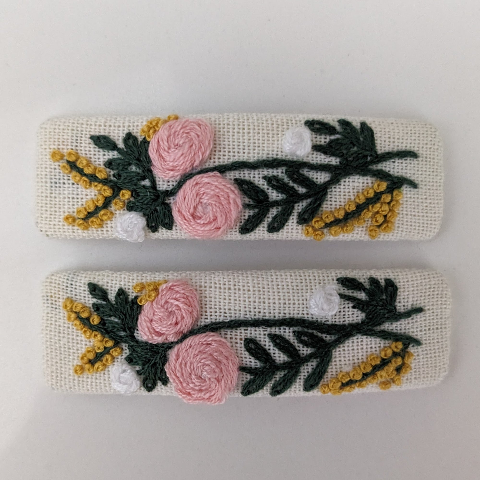 Embroidered Rectangle Snap Clips Pink Flower