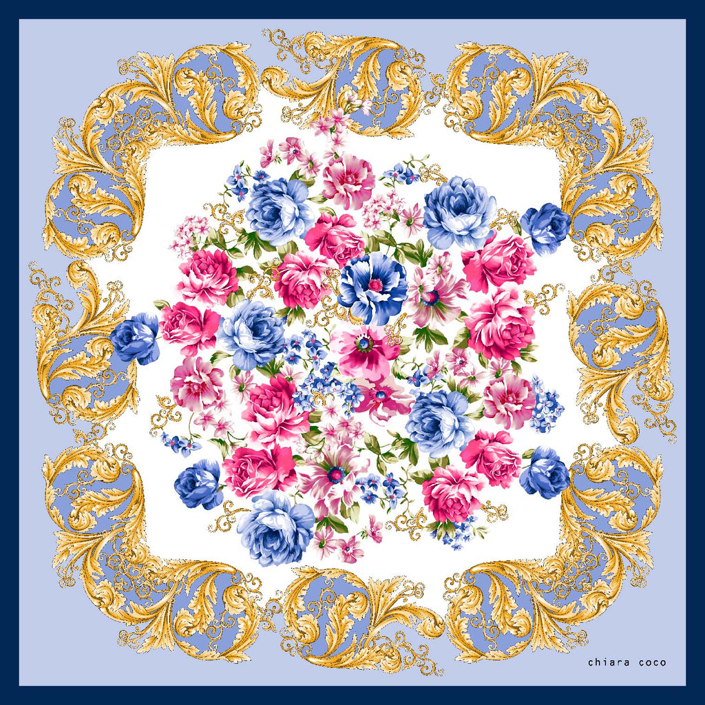 Chiara Coco blue/gold/pink flowers/scrolls  CC163-1 70cm