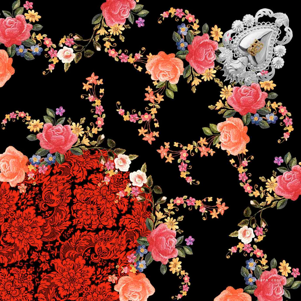 Chiara Coco Pink flowers/black/silver crest  CC168-1 70cm