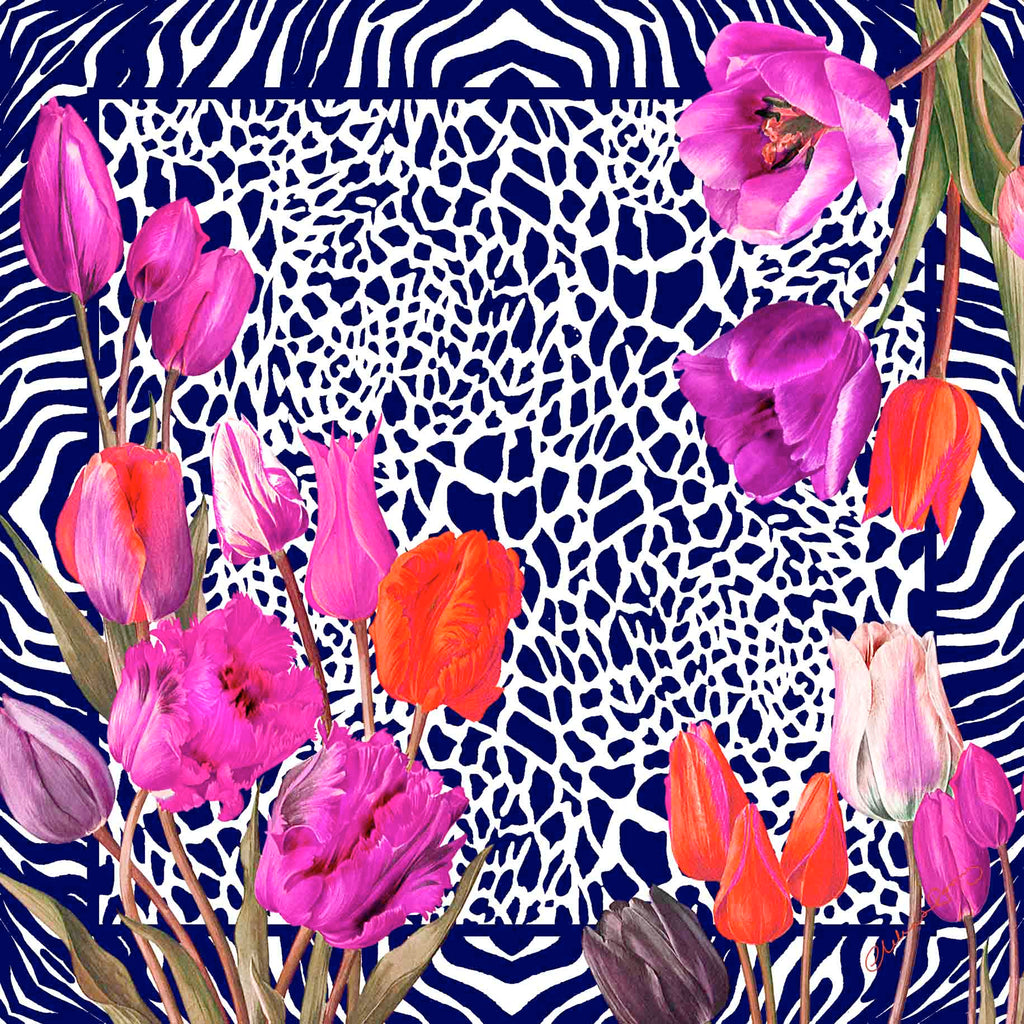 Clelia & Romy Navy/white zebra/orange/pink tulips  CR560-4 90cm