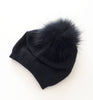 Knit Wool Fox Fur Pom Pom Hat - Black/Black - HA200