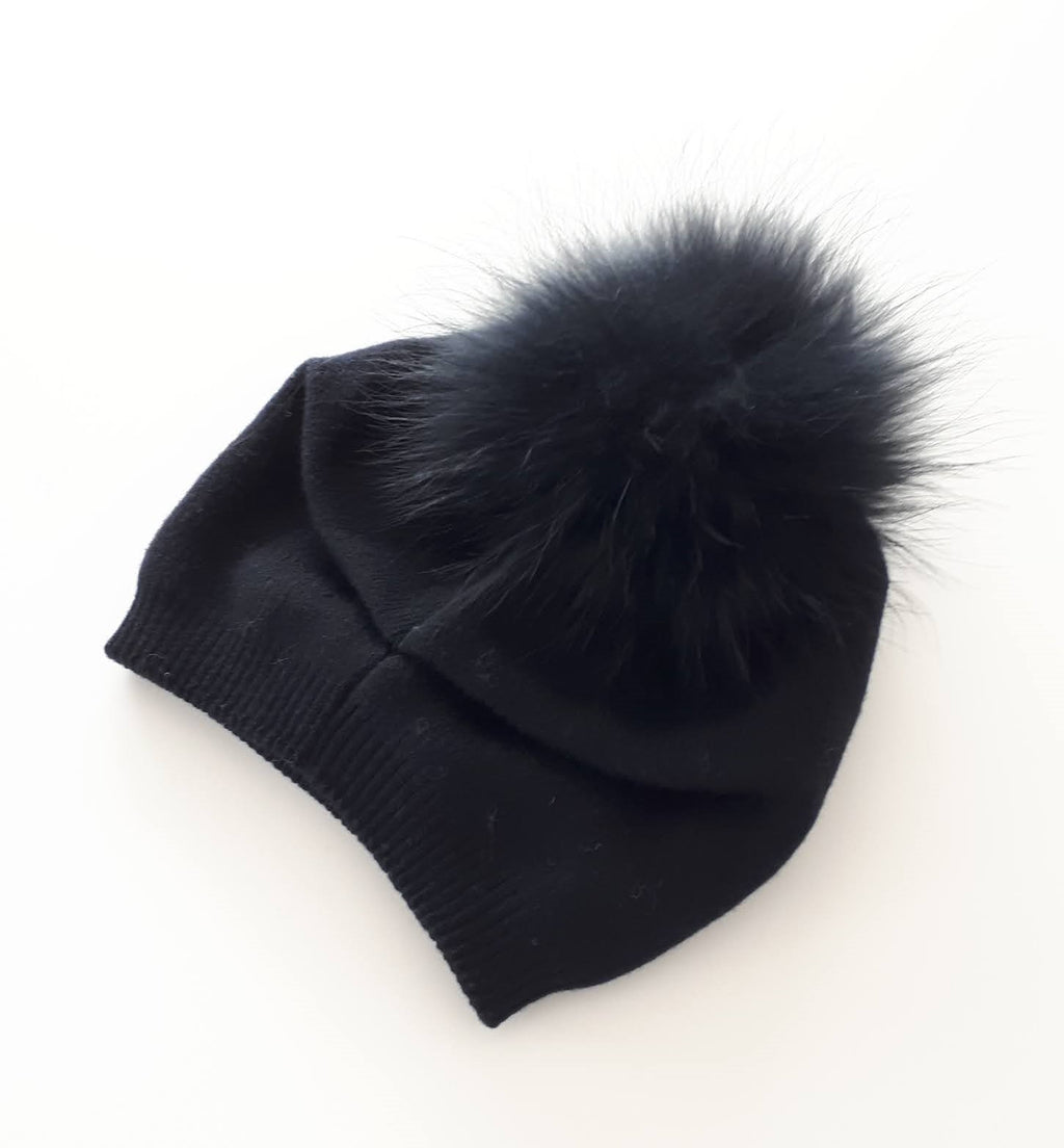 Knit Wool Fox Fur Pom Pom Hat - Black/Black - HA200