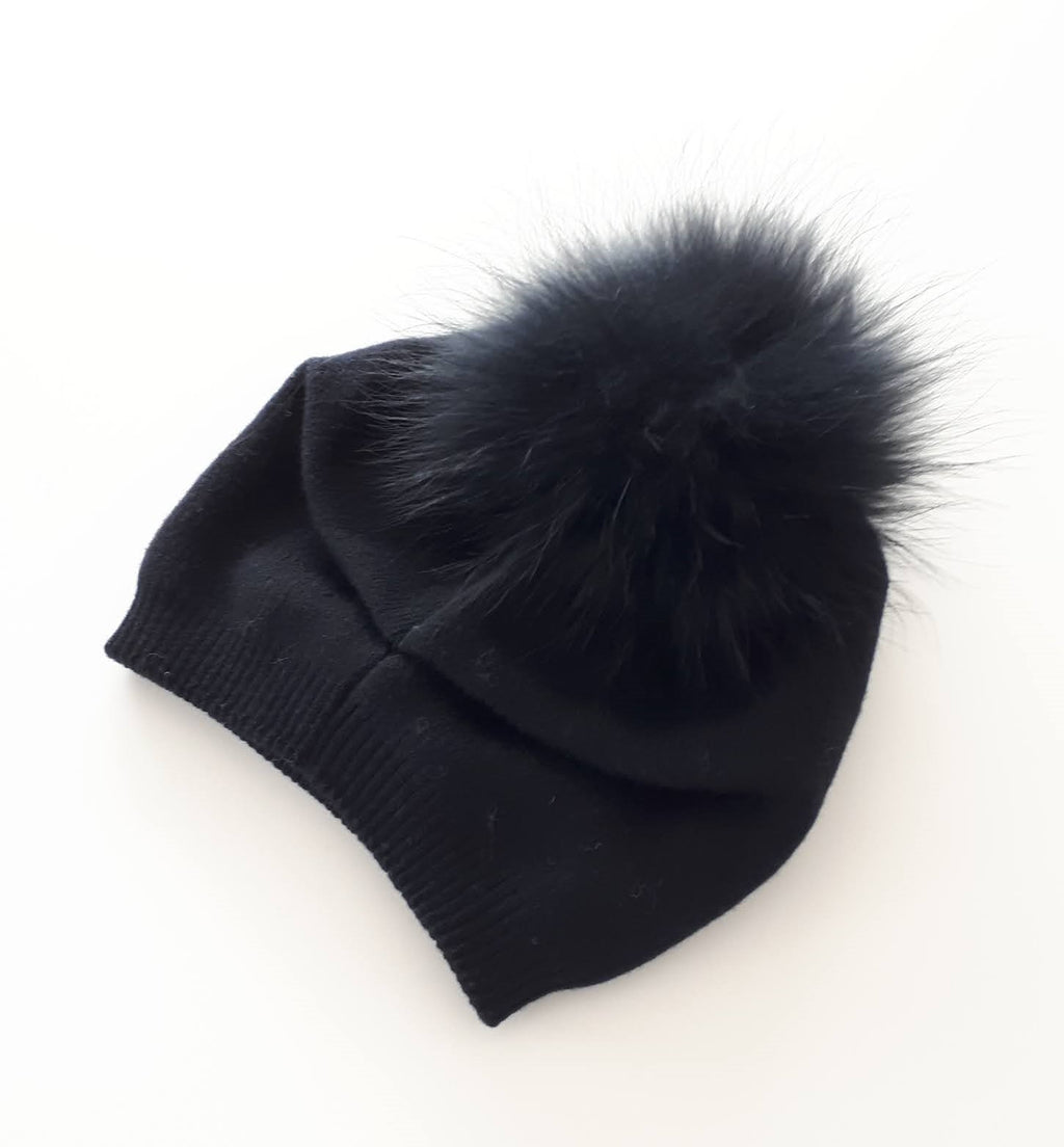 Knit Wool Fox Fur Pom Pom Hat Black/Black HA200