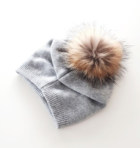 Knit Wool Fox Fur Pom Pom Hat - Light Grey/Natural - HA206