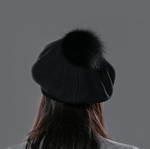 Knit Wool Beret Hat - Black/Black - HA300