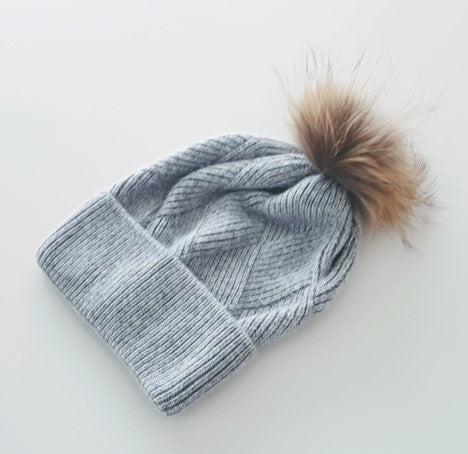 Rib Knit Fox Fur Pom Pom Hat - Grey/Natural - HA405