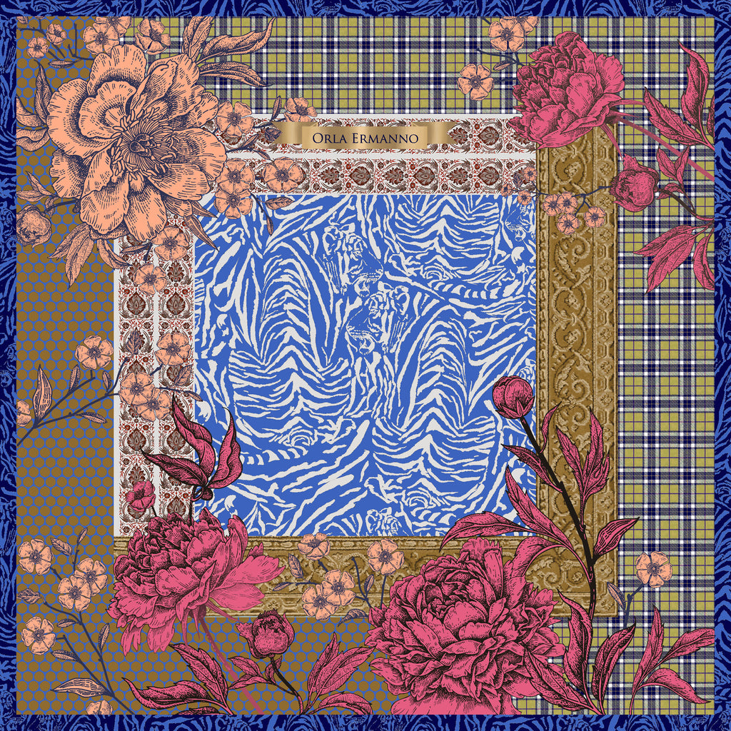 Orla Ermanno Patterns & Peonies Blue OE335-1 90cm