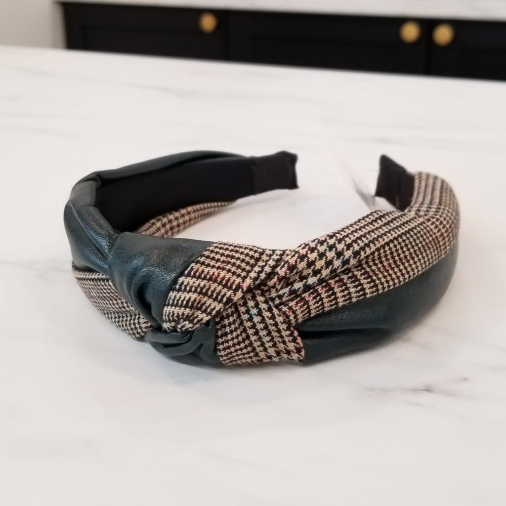 Plaid and Pleather Narrow Knot Headband Green VB110