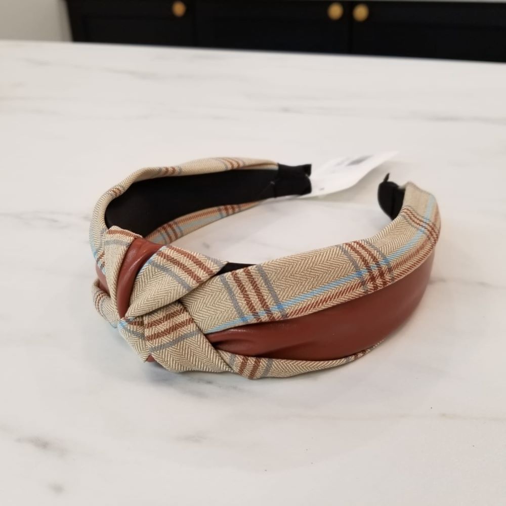 Plaid and Pleather Wide Knot Headband Brown VB112